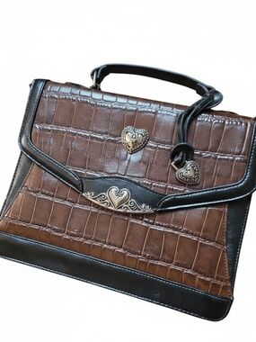 BRIGHTON |‎ Vintage Brown & Black Croc Embossed Western Inspired Leather Satchel